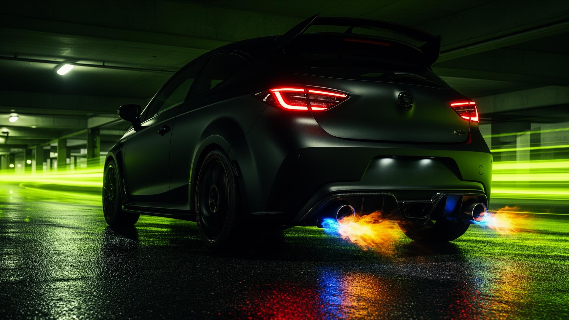 Performance car with exhaust valves open at night